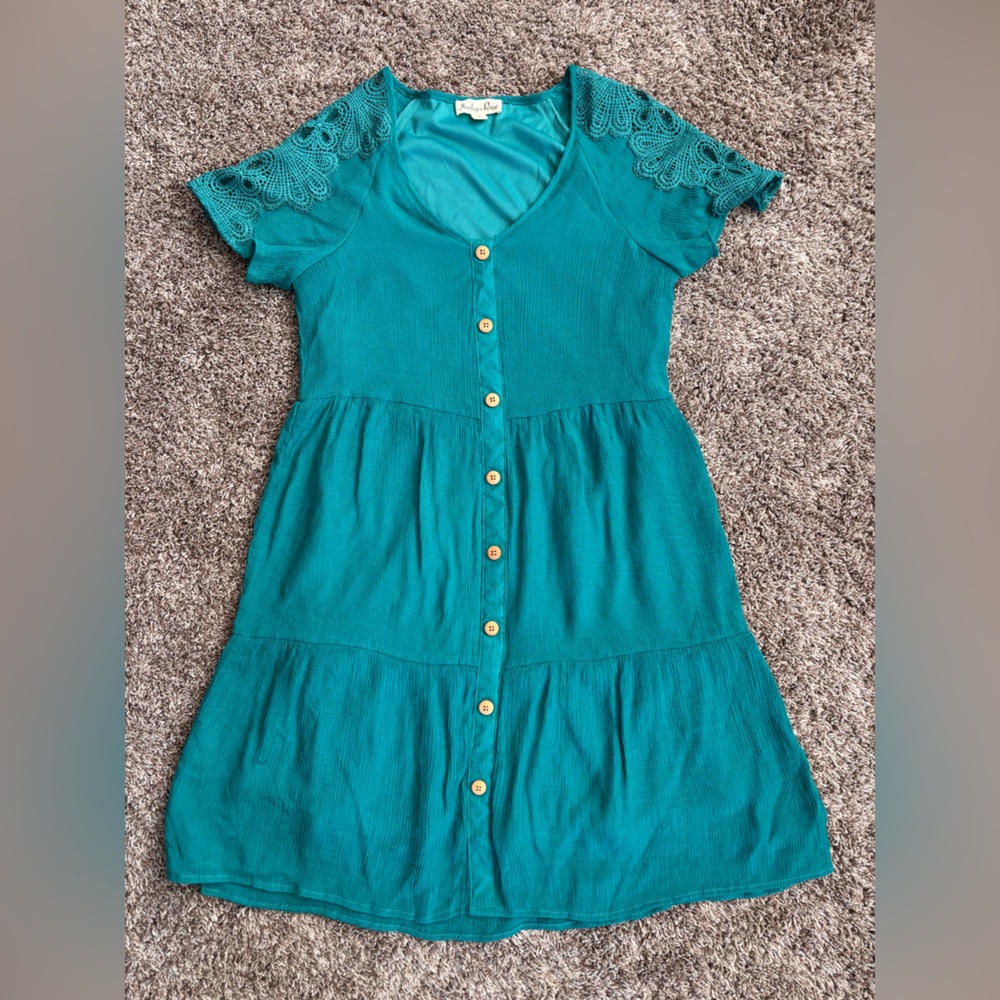 Indigo Rose Teal Boho Mini Dress Crochet Lace Sleeve Button Front- Size Small - Picture 2 of 8